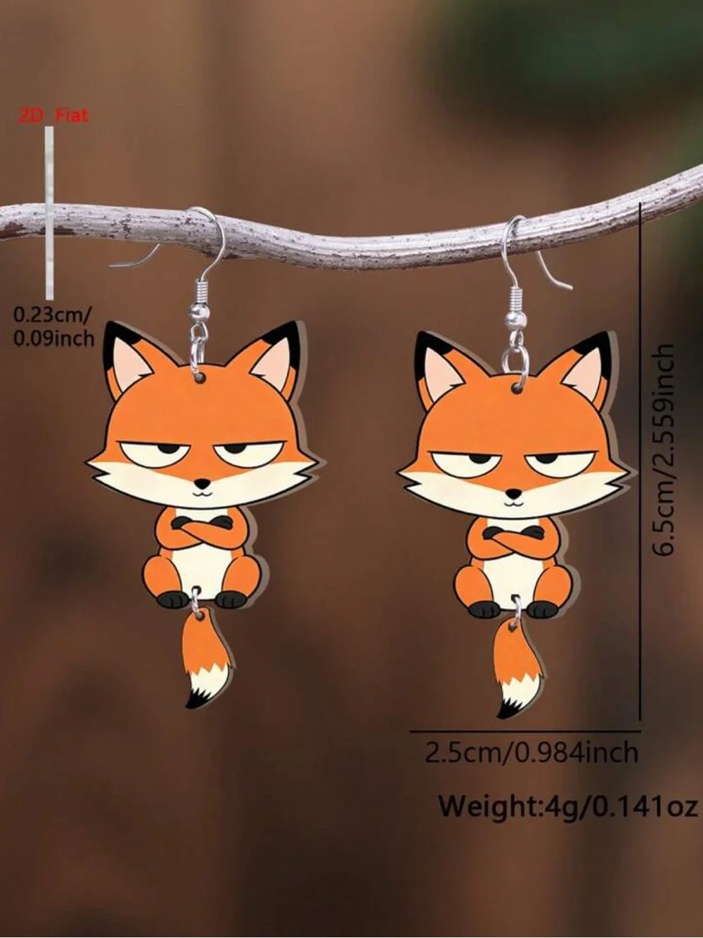 2D Flat Cartoon Fox Acrylic Pendant Earrings, Cute & Elegant Minimalist